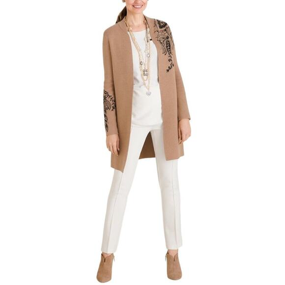 Chico's Floral Embroidered Sweater Long Duster Cardigan Jacket Tan Size Large - Picture 1 of 16